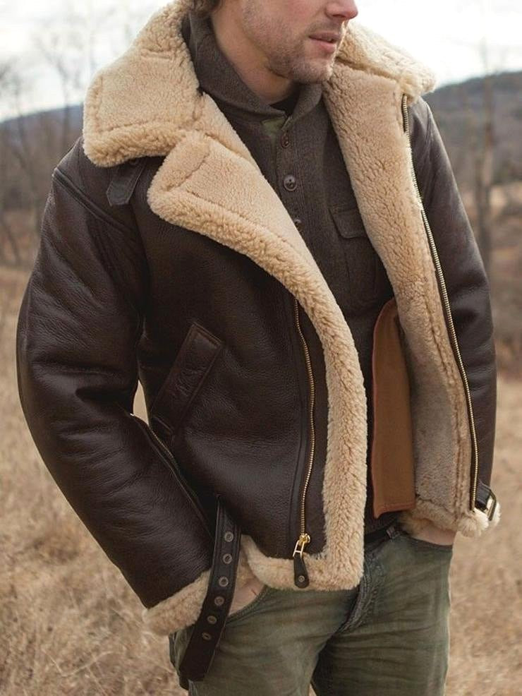 Giacca da uomo in vera pelle di agnello con fodera in shearling marrone