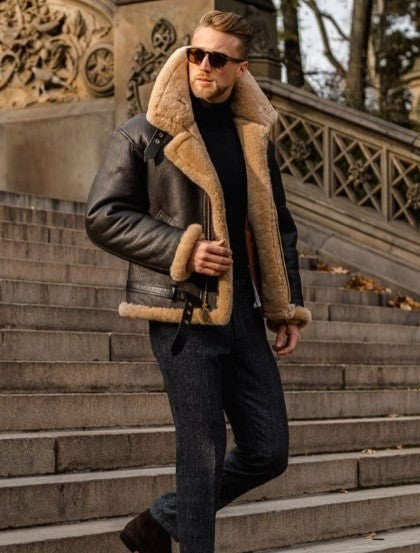 Giacca da uomo in vera pelle di agnello con fodera in shearling marrone