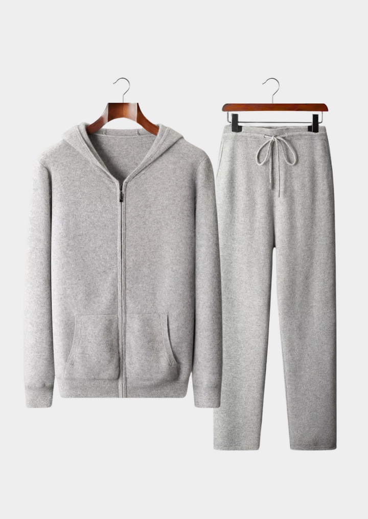 Completo da uomo in maglia a due pezzi - Cardigan con cappuccio e pantaloni con coulisse