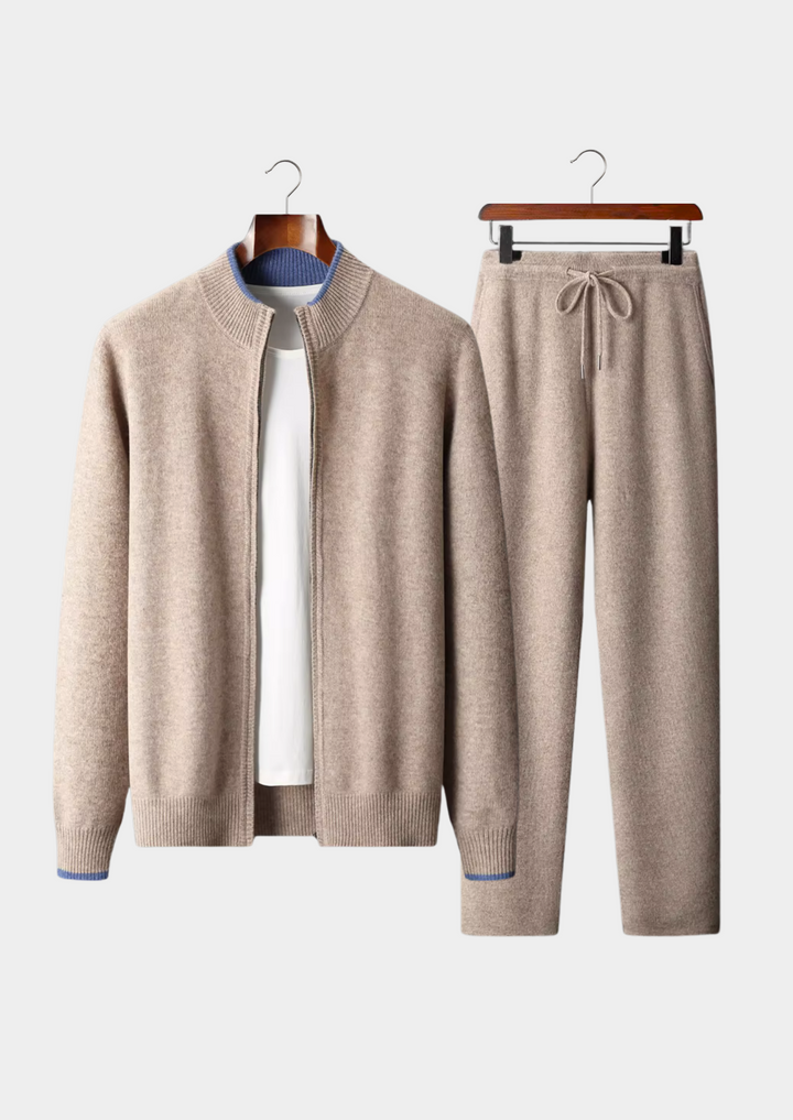 Ensemble en Maille Homme – Cardigan Zippé & Pantalon Fusé à Finitions Contrastées