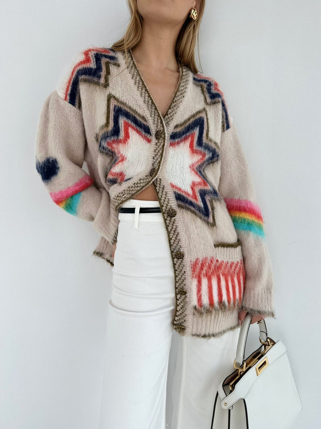 Women's Oversized Mohair Cardigan with Geometric Pattern
