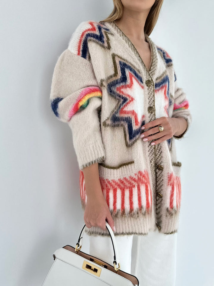 Women's Oversized Mohair Cardigan with Geometric Pattern