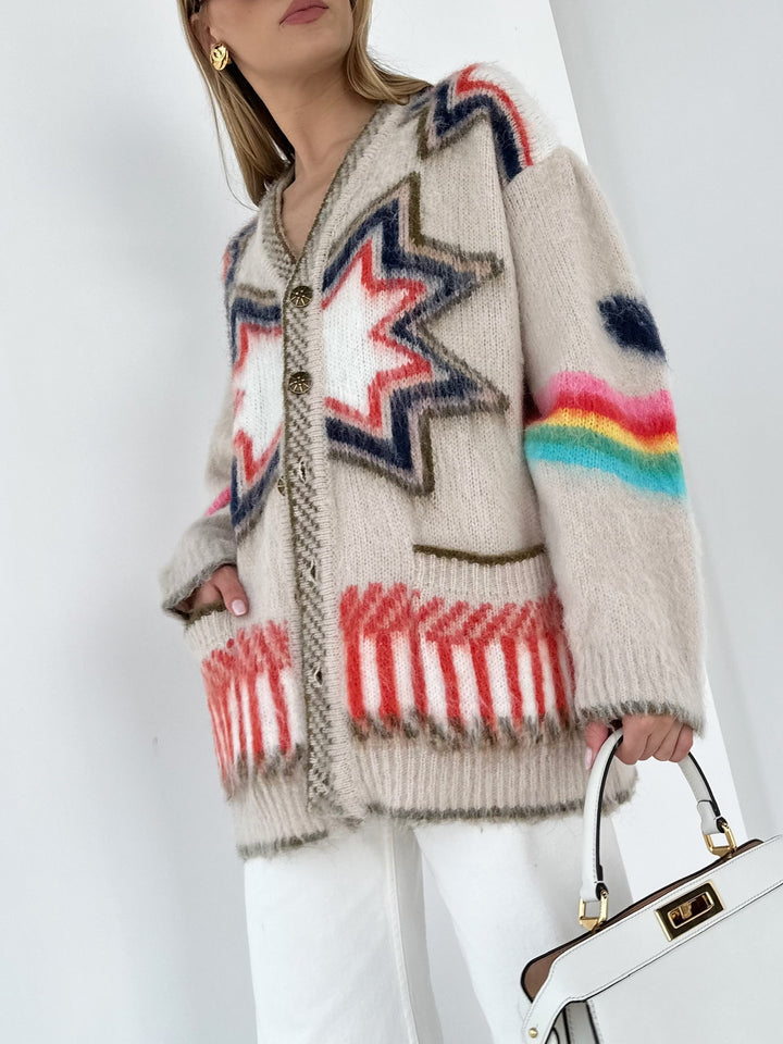 Women's Oversized Mohair Cardigan with Geometric Pattern