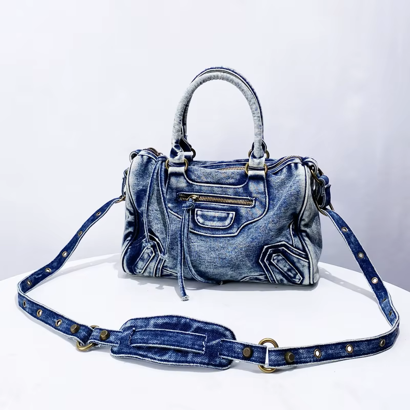 Women's Washed Denim Handbag with Zippered Pockets and Handles