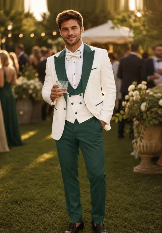 Costume Trois Pièces Homme Coupe Slim avec Col Contrastant et Gilet Croisé