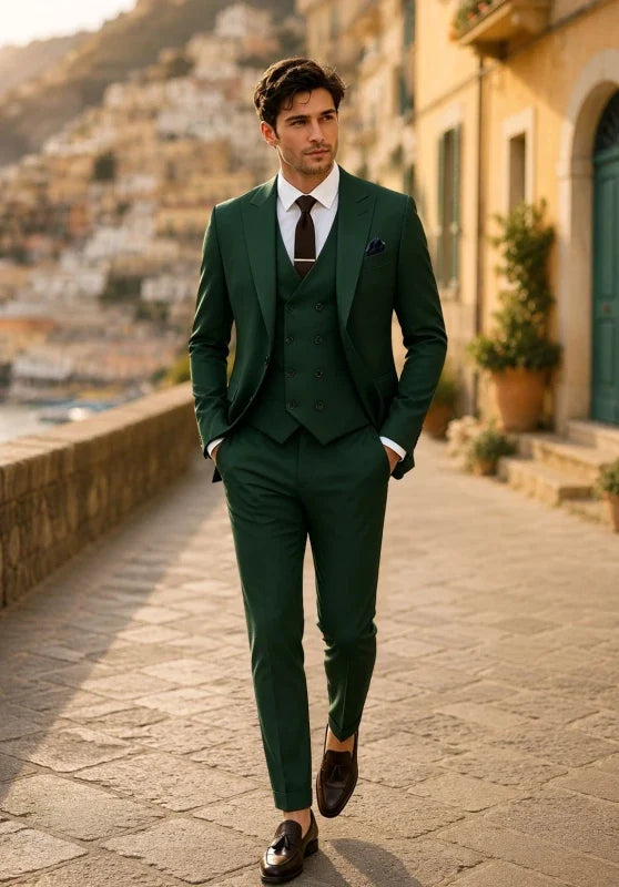 Costume Trois Pièces Homme Coupe Slim avec Col Peak et Gilet Croisé