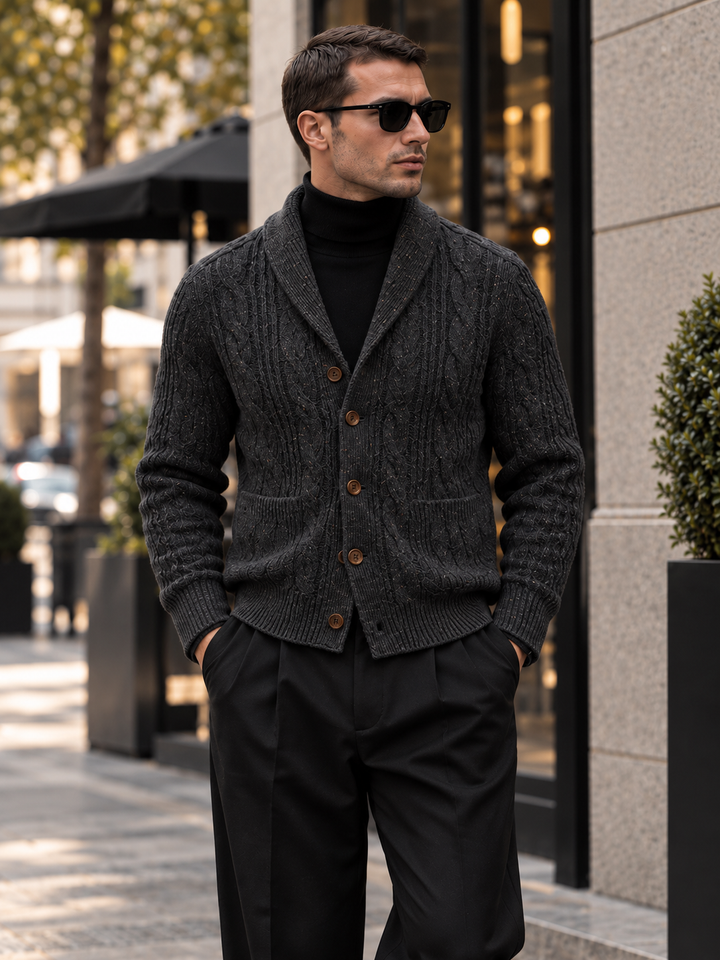 Men's cable-knit shawl-collar cardigan
