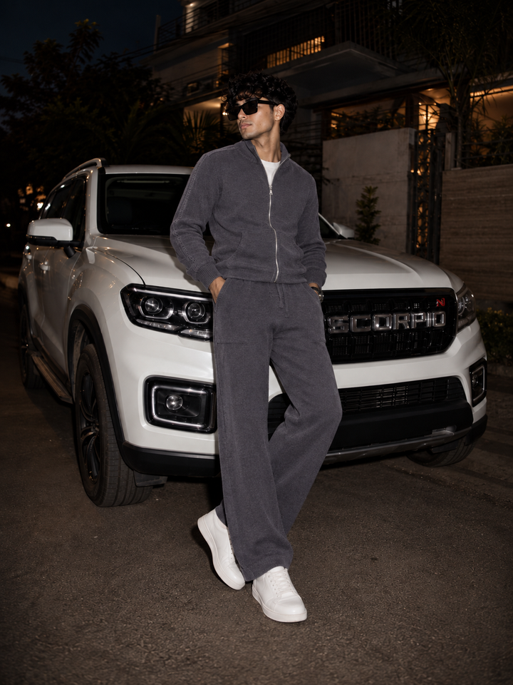 Ensemble En Maille Homme Col Montant Zippé Et Pantalon Droit
