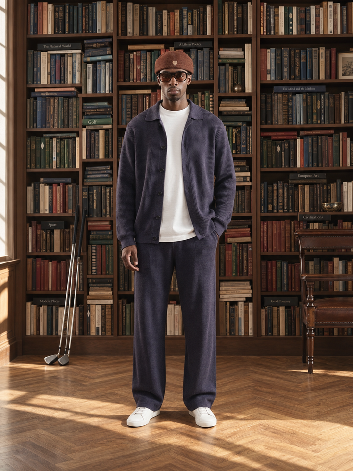 Ensemble Maille Homme Veste Boutonnée Col Côtelé Et Pantalon Droit