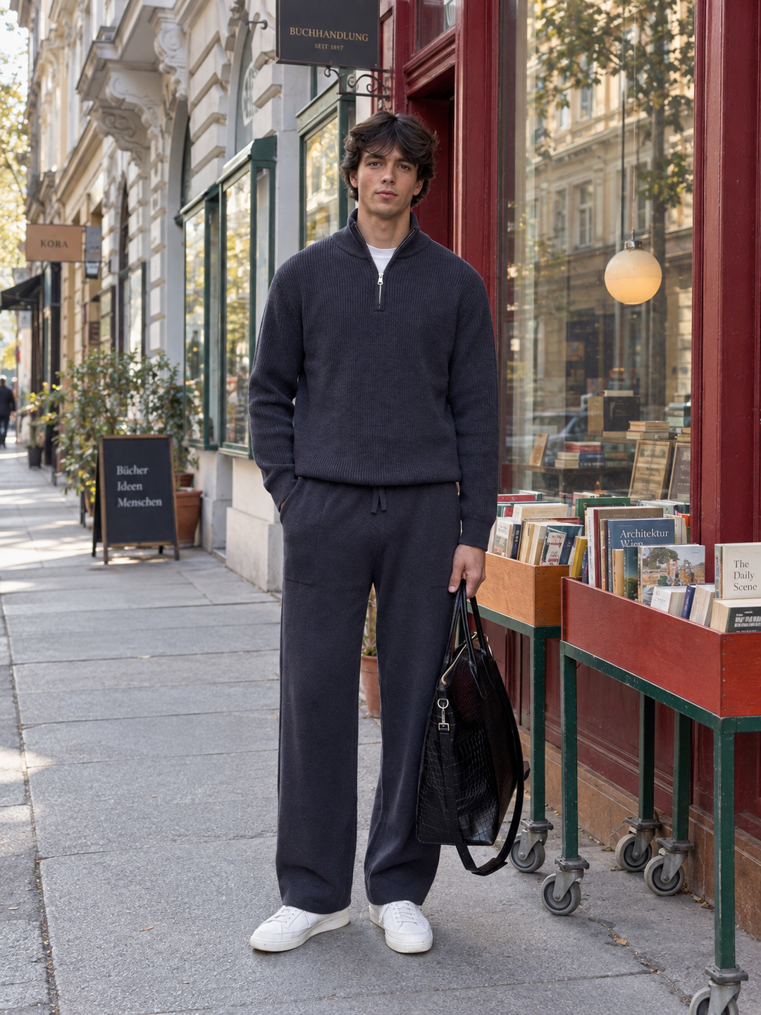 Ensemble En Maille Homme Demi Zip Col Montant Et Pantalon