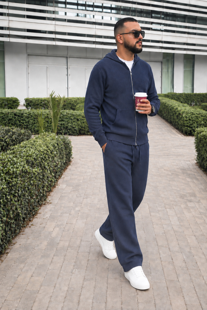 Ensemble Maille Homme Capuche Tricotée Zip Intégral Et Pantalon Droit