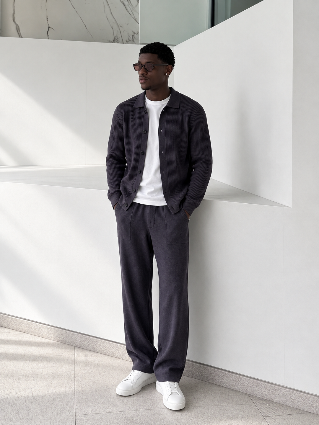 Ensemble Maille Homme Veste Boutonnée Col Côtelé Et Pantalon Droit