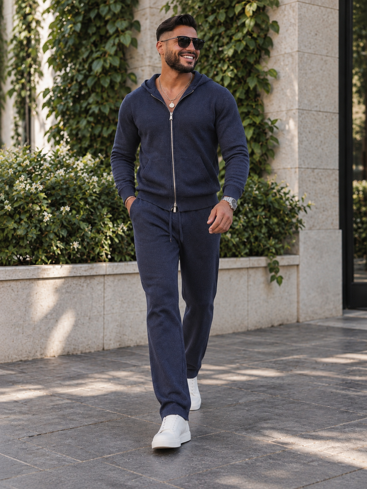 Ensemble Maille Homme Capuche Tricotée Zip Intégral Et Pantalon Droit