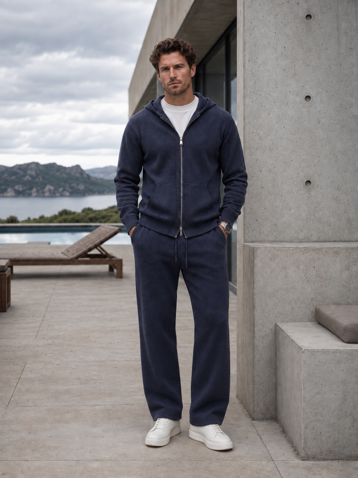 Ensemble Maille Homme Capuche Tricotée Zip Intégral Et Pantalon Droit