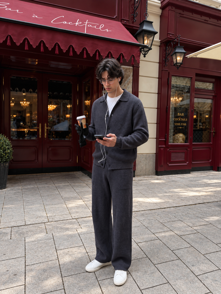 Ensemble Maille Homme Veste Boutonnée Col Côtelé Et Pantalon Droit