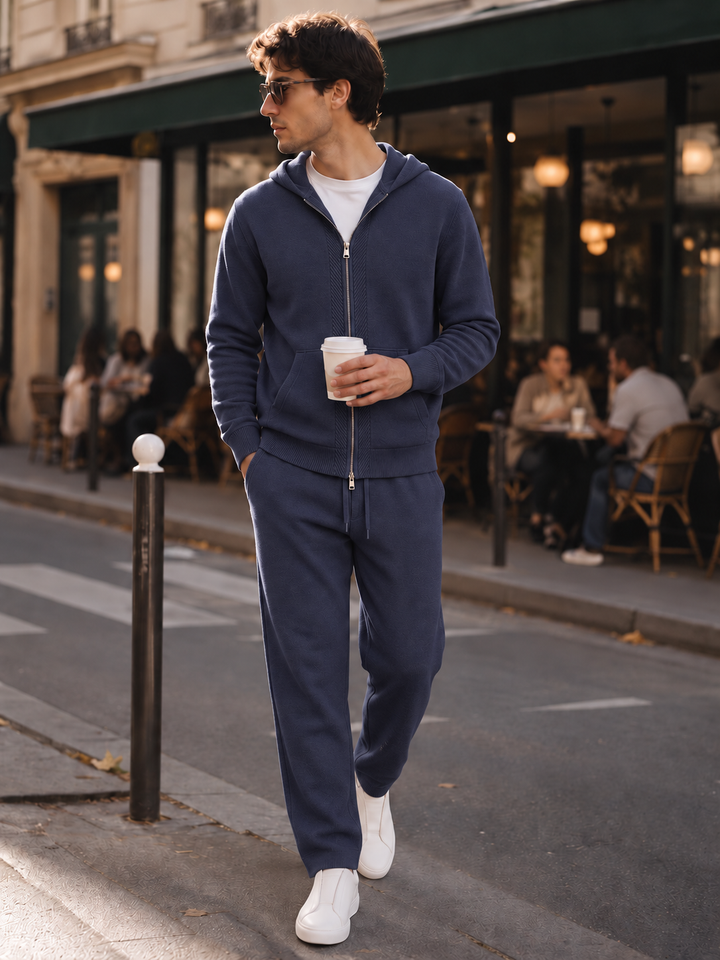 Ensemble Maille Homme Capuche Tricotée Zip Intégral Et Pantalon Droit