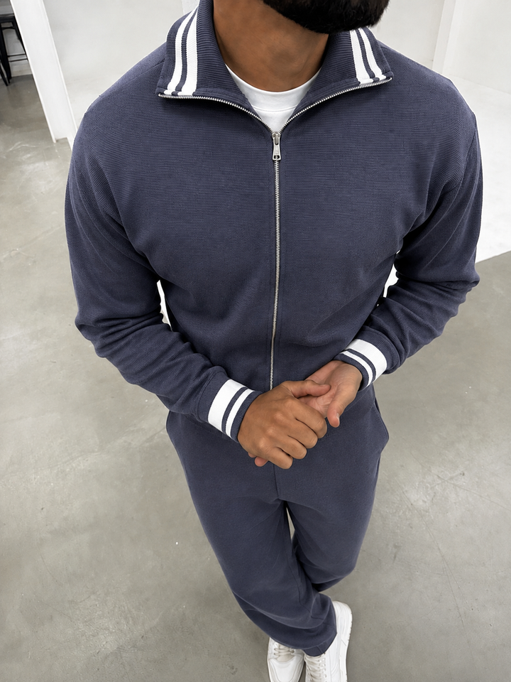 Ensemble En Maille Homme Zip Integral Col Contrasté Et Pantalon