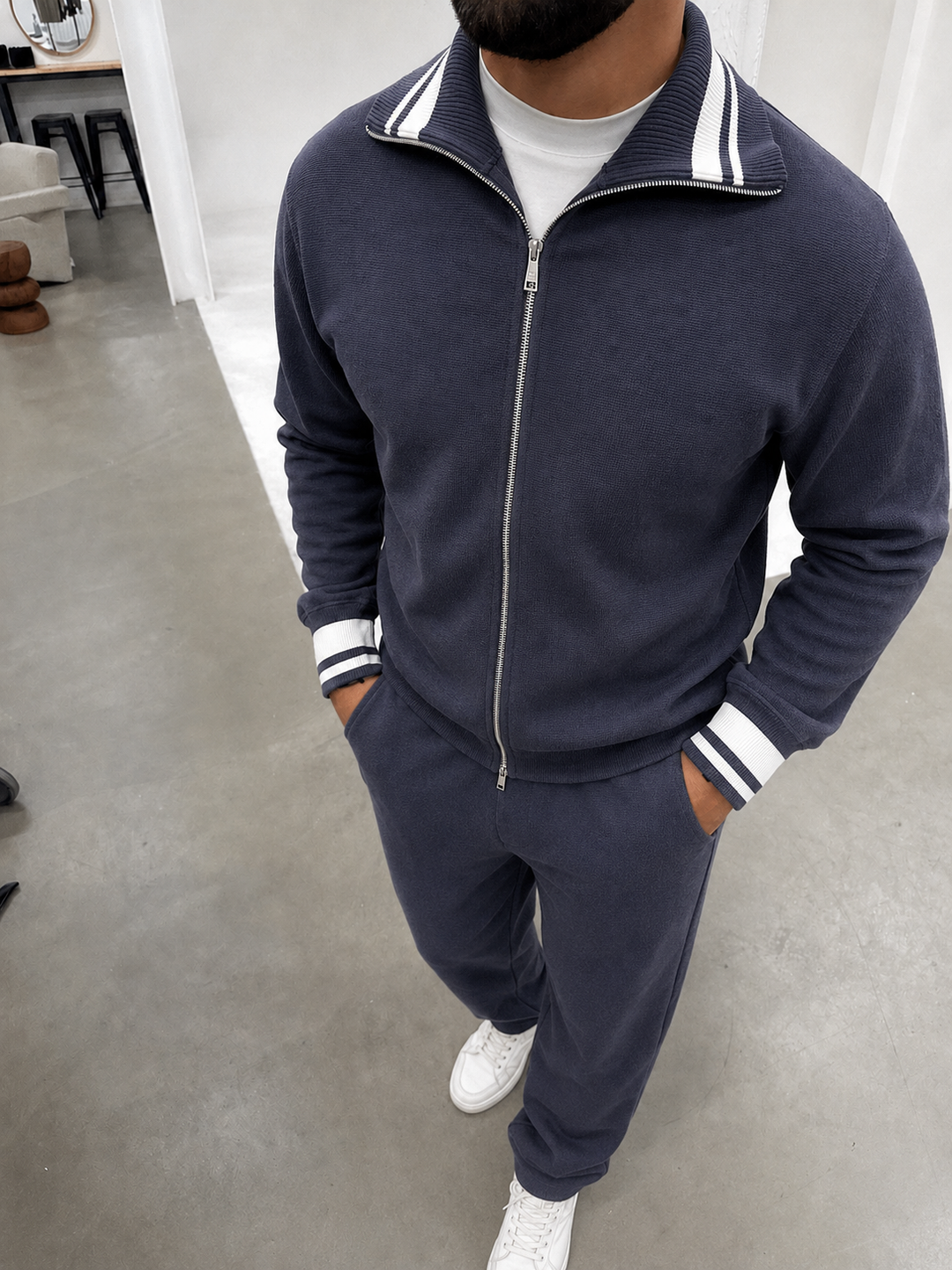 Ensemble En Maille Homme Zip Integral Col Contrasté Et Pantalon