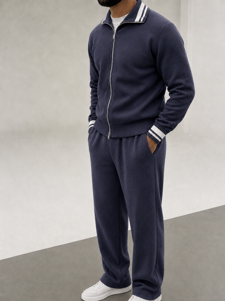 Ensemble En Maille Homme Zip Integral Col Contrasté Et Pantalon