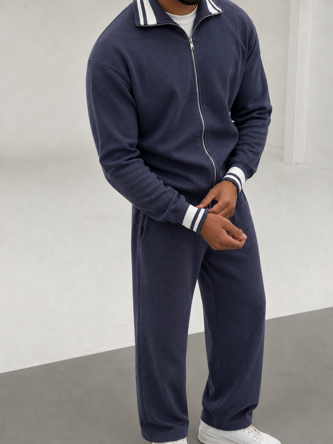 Ensemble En Maille Homme Zip Integral Col Contrasté Et Pantalon