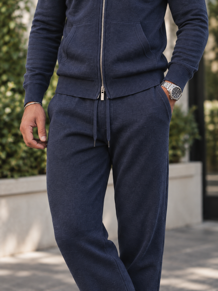 Ensemble Maille Homme Capuche Tricotée Zip Intégral Et Pantalon Droit