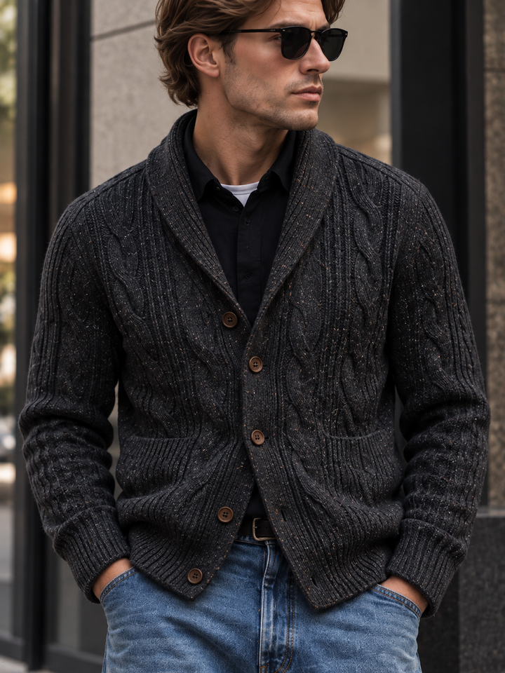 Men's cable-knit shawl-collar cardigan