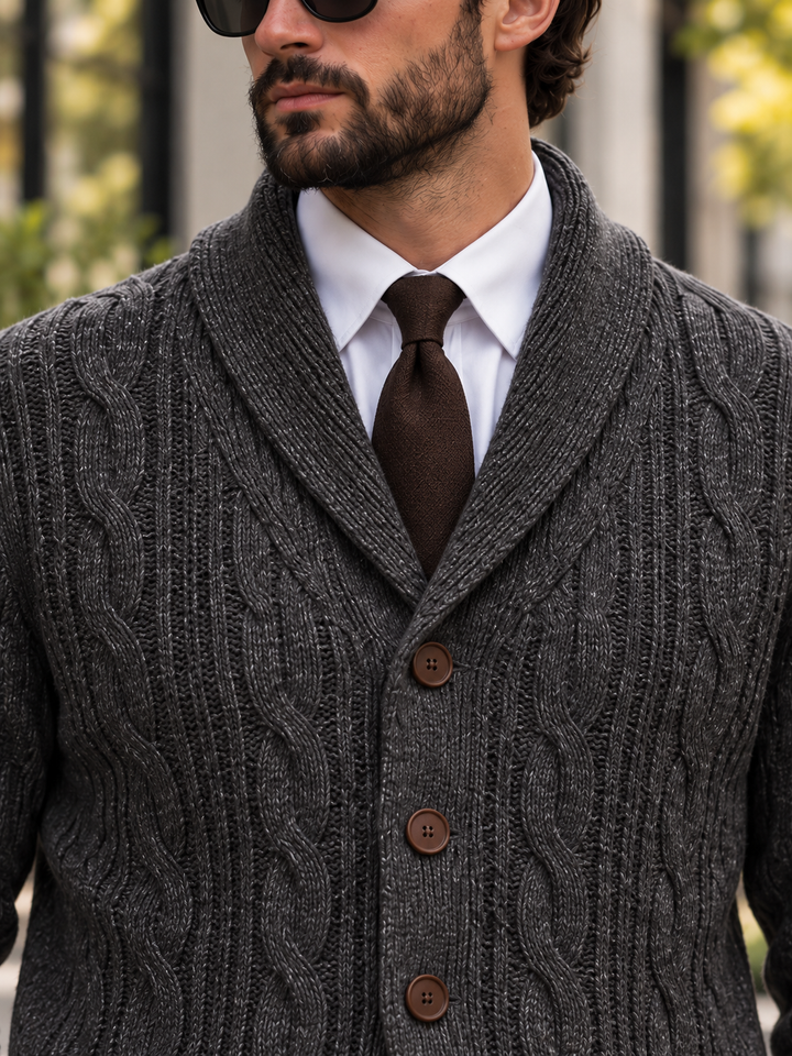 Men's cable-knit shawl-collar cardigan