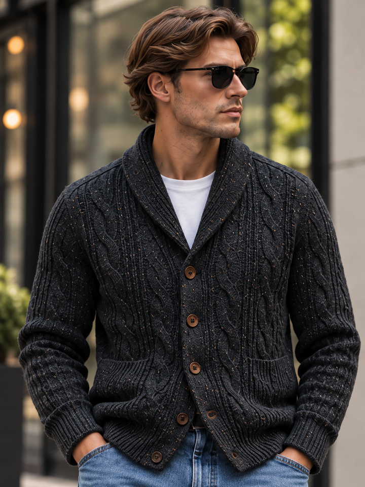 Men's cable-knit shawl-collar cardigan