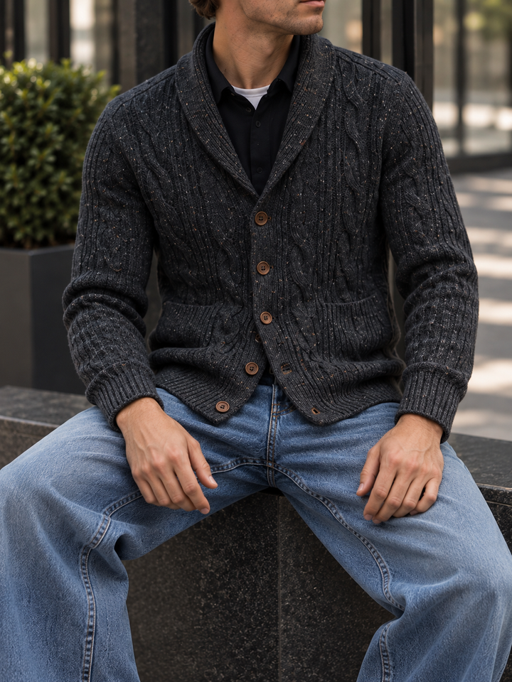 Men's cable-knit shawl-collar cardigan