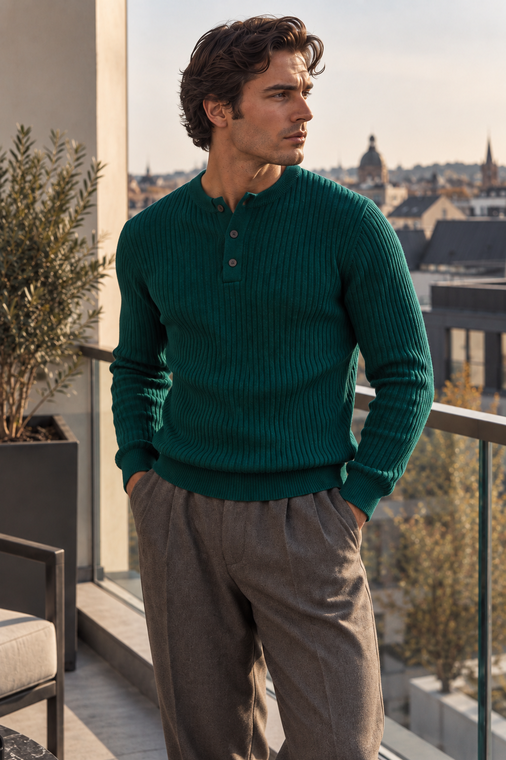 Maglione da uomo in maglia a coste con colletto abbottonato e maniche lunghe