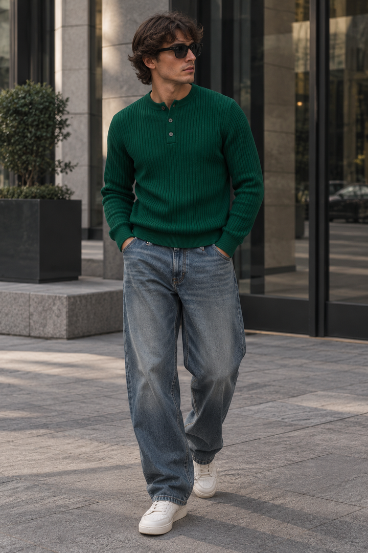 Maglione da uomo in maglia a coste con colletto abbottonato e maniche lunghe