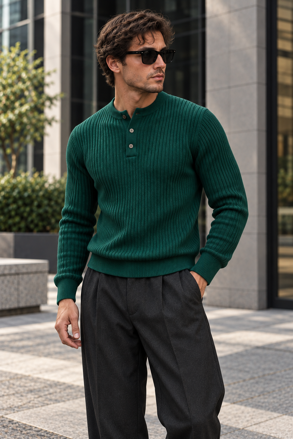 Maglione da uomo in maglia a coste con colletto abbottonato e maniche lunghe