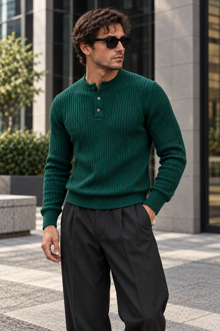 Maglione da uomo in maglia a coste con colletto abbottonato e maniche lunghe