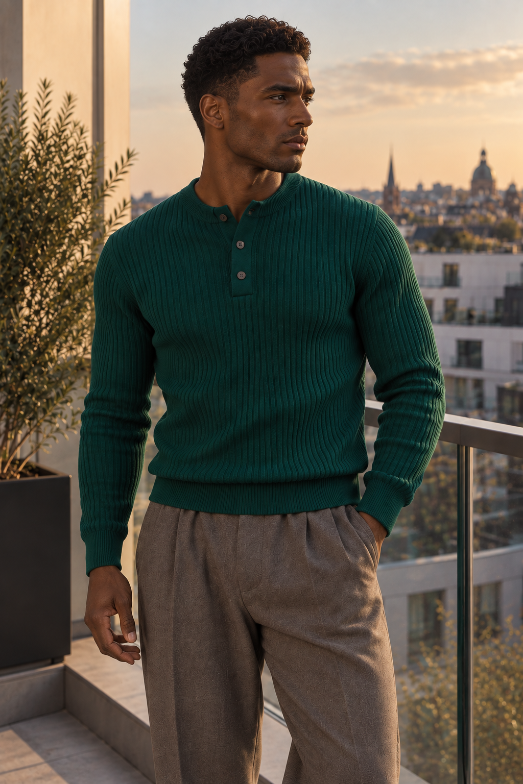 Maglione da uomo in maglia a coste con colletto abbottonato e maniche lunghe