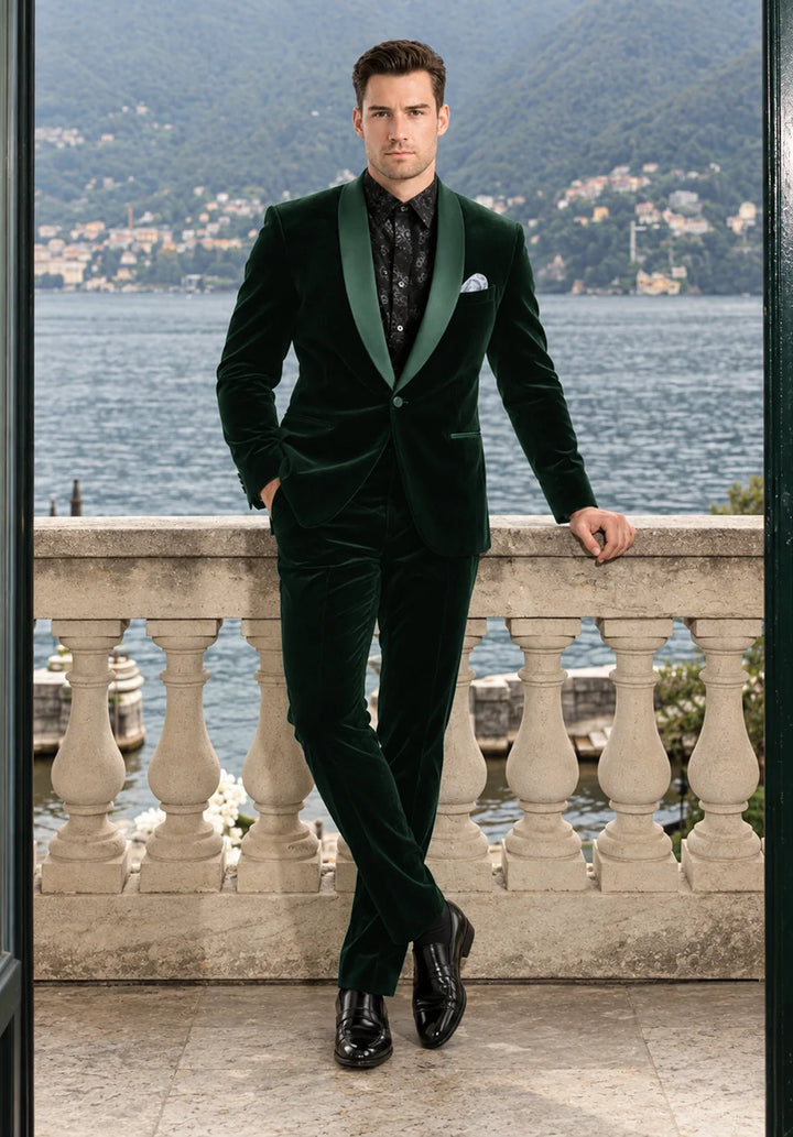 Costume Deux Pièces Homme Coupe Slim en Velours avec Col Châle en Satin et Un Bouton