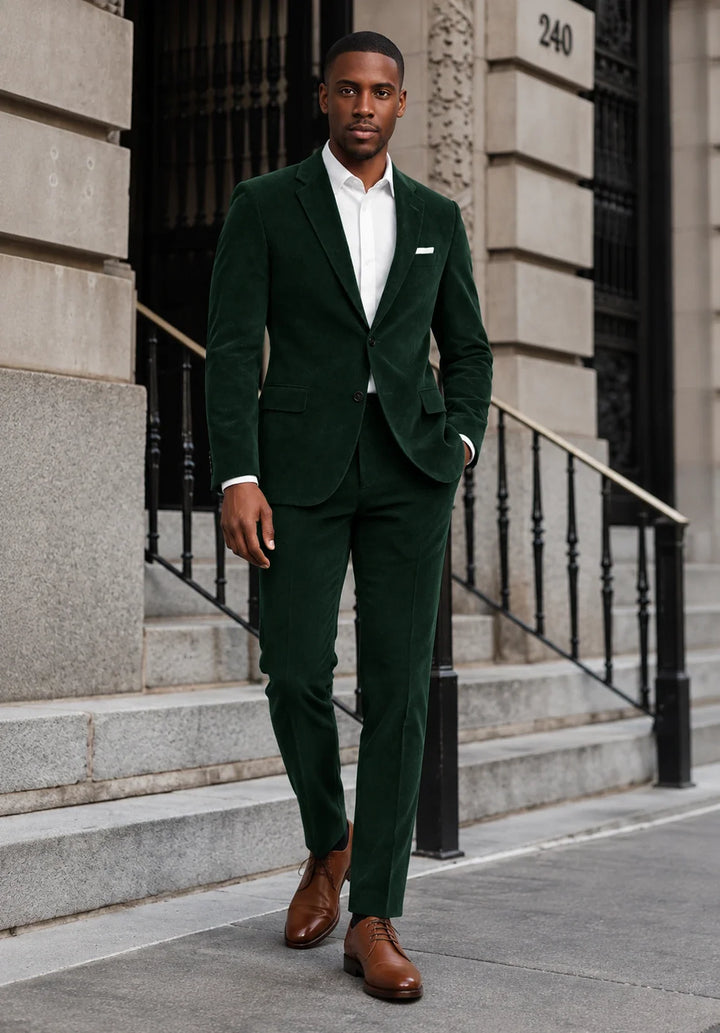 Completo da uomo in velluto slim fit a due pezzi con rever classico e giacca a due bottoni