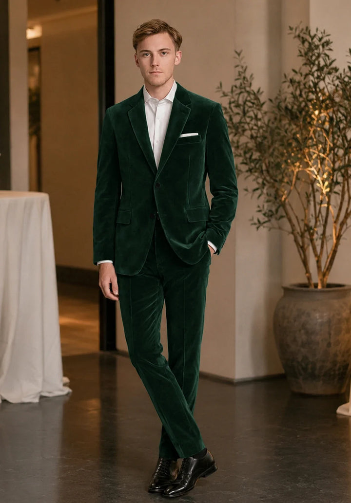 Men's Regular-Fit Two-Piece Velvet Suit with Notch Lapel and Patch Pockets