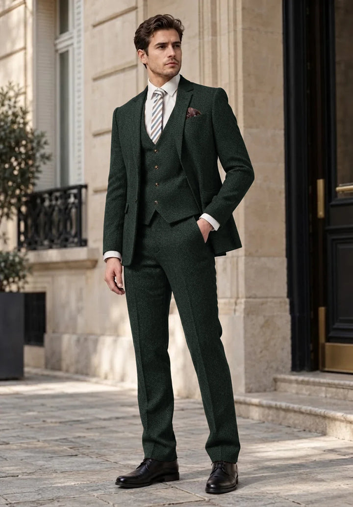 Costume Trois Pièces Homme Coupe Regular en Chevrons avec Gilet Boutonné