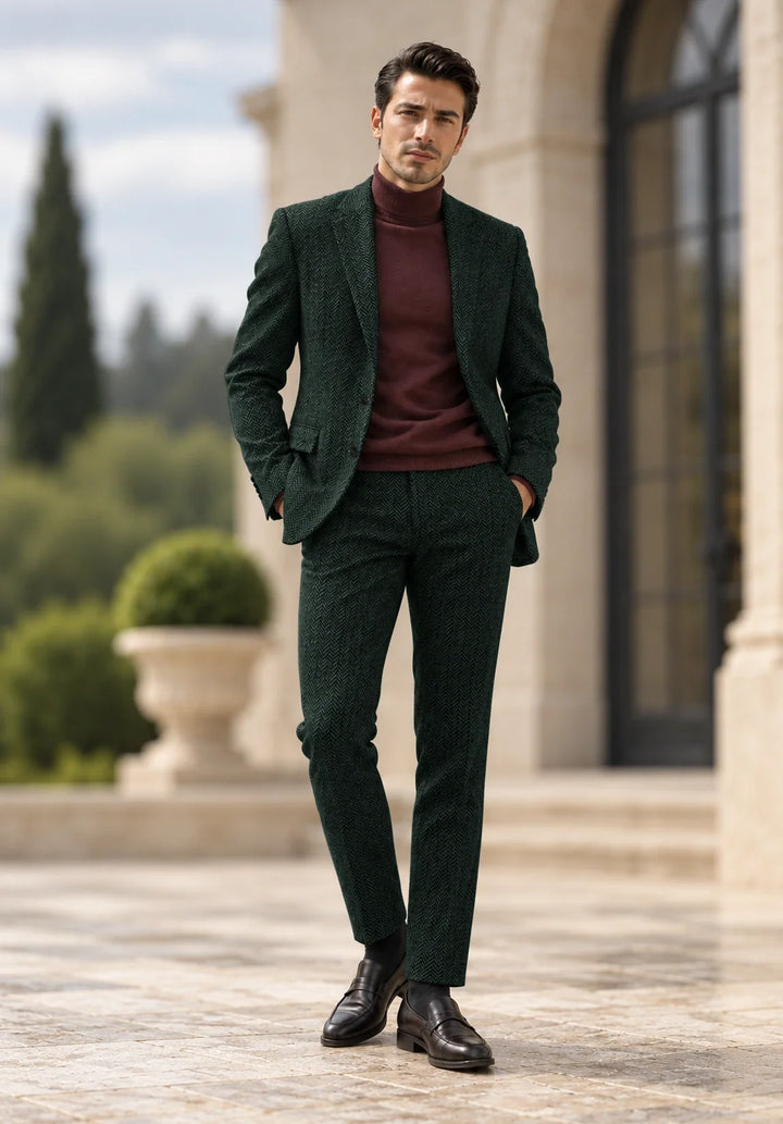 Costume Deux Pièces Homme Coupe Slim en Chevrons avec Col Notch et Poches à Rabat