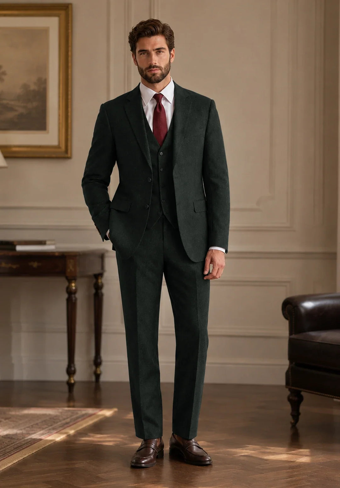 Men’s Regular-Fit Three-Piece Herringbone Suit with Buttoned Vest