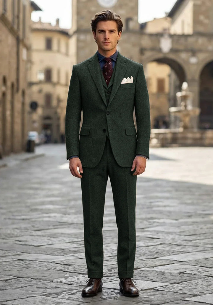 Costume Trois Pièces Homme Coupe Slim en Chevrons avec Col Notch et Poche Poitrine