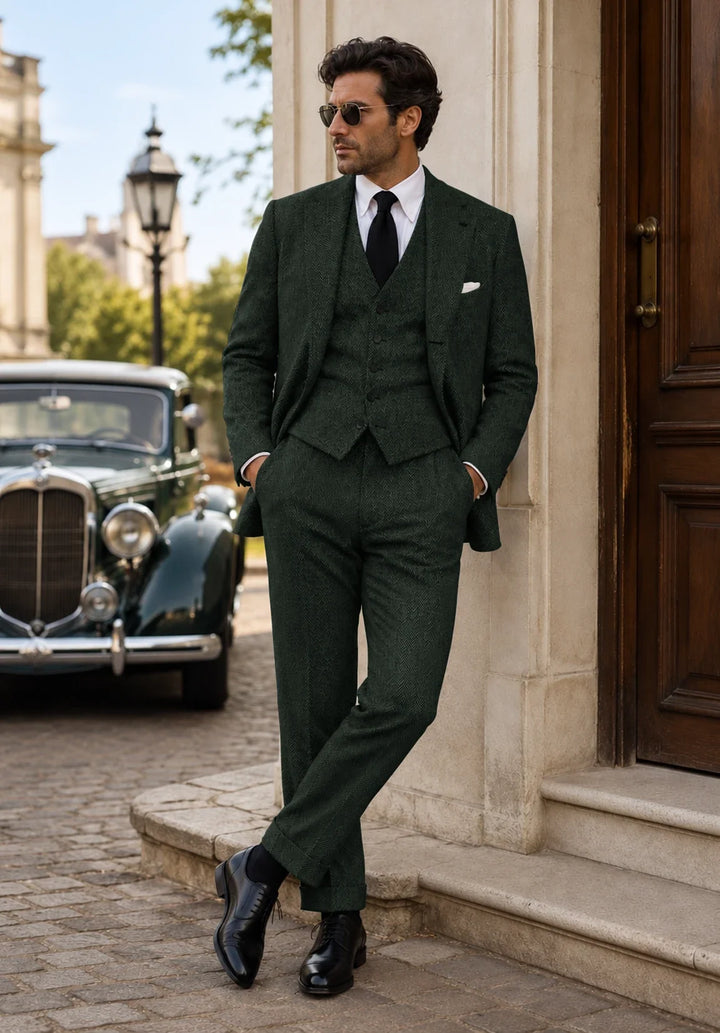 Costume Trois Pièces Homme Coupe Regular en Chevrons avec Gilet et Pantalon Assortis