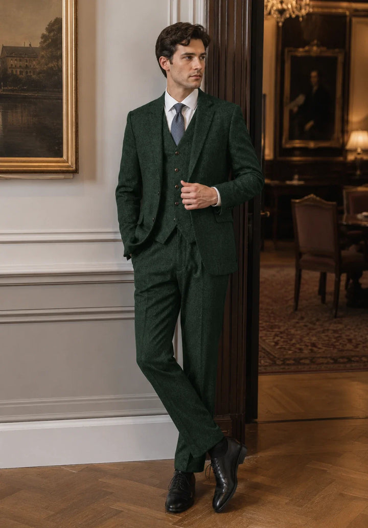 Costume Trois Pièces Homme Coupe Regular en Chevrons avec Col Notch Classique et Gilet Assorti