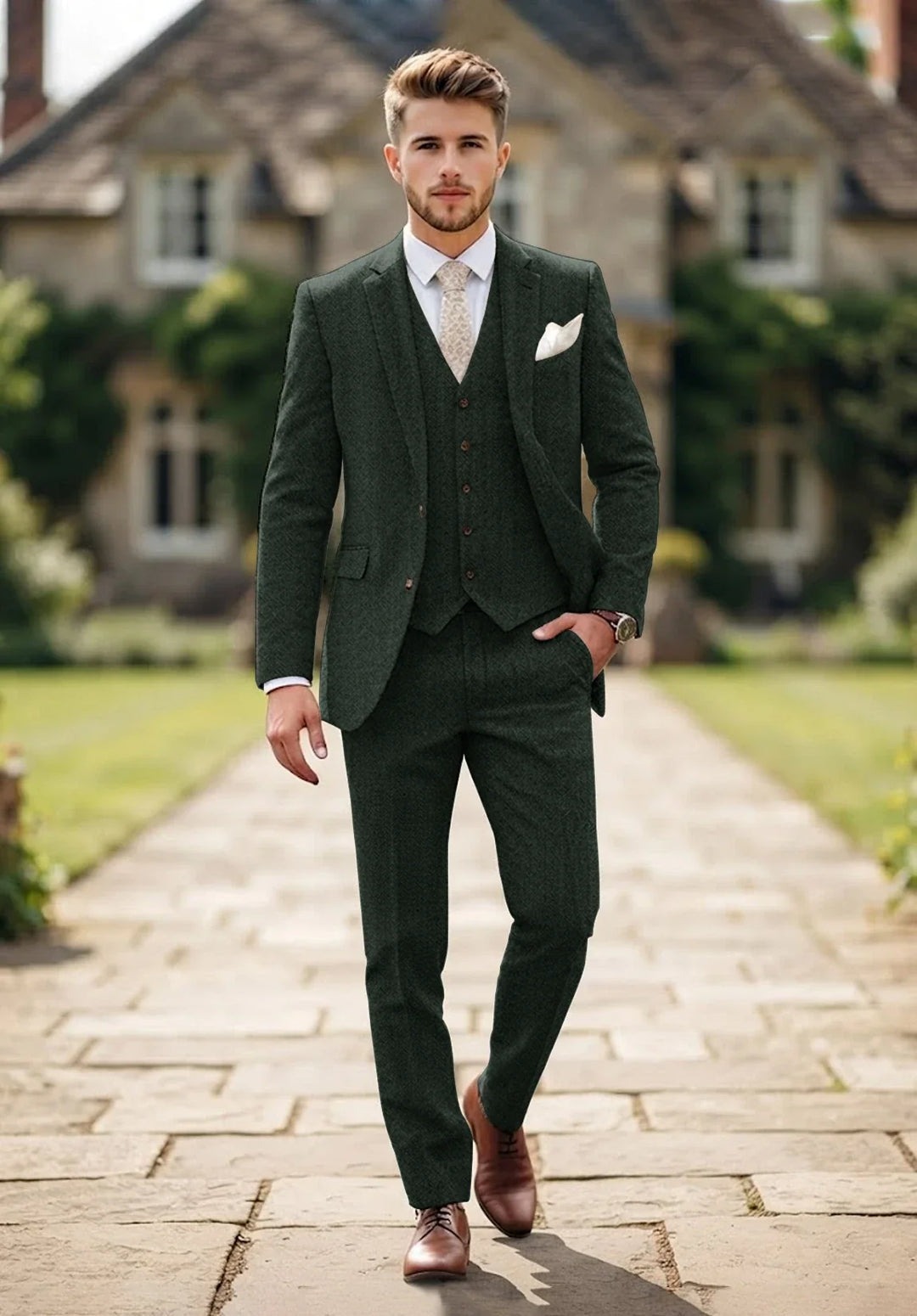 Costume Trois Pièces Homme Coupe Regular en Chevrons avec Col Notch et Poches à Rabat