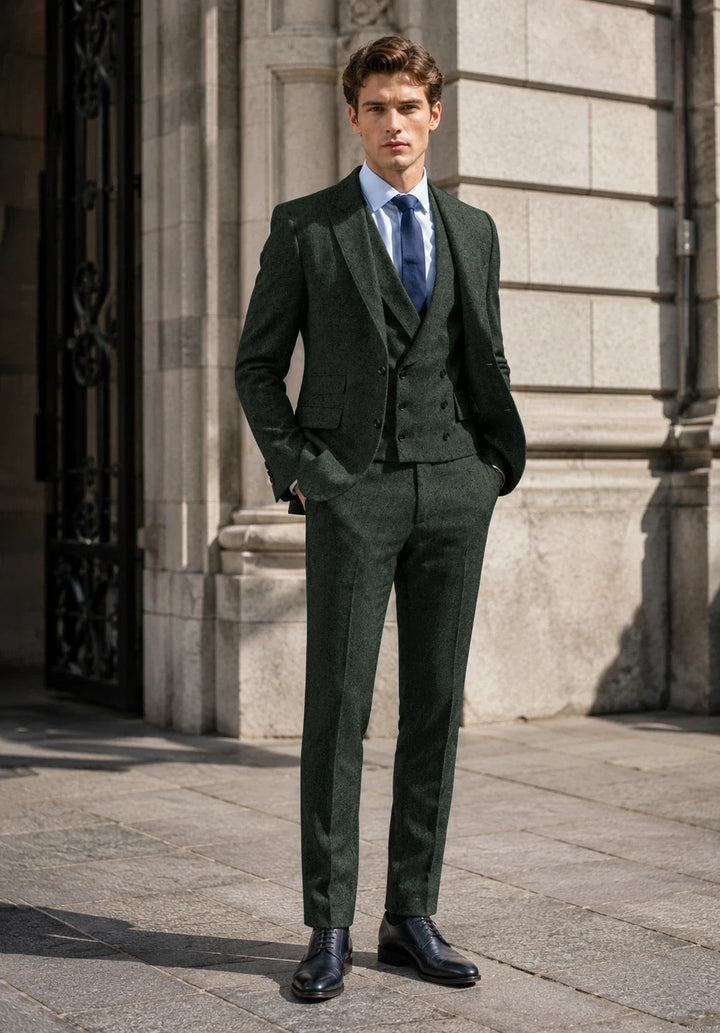 Abito da uomo a tre pezzi slim fit con motivo a spina di pesce, rever a lancia e gilet doppiopetto