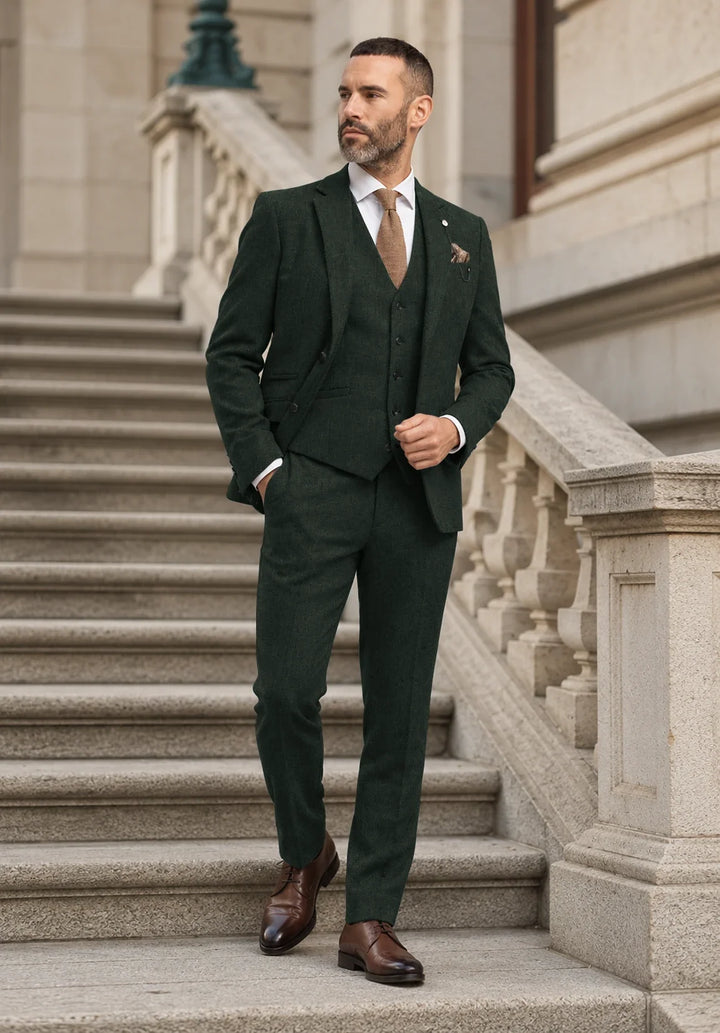 Costume Trois Pièces Homme Coupe Slim en Chevrons avec Gilet et Pantalon Assortis