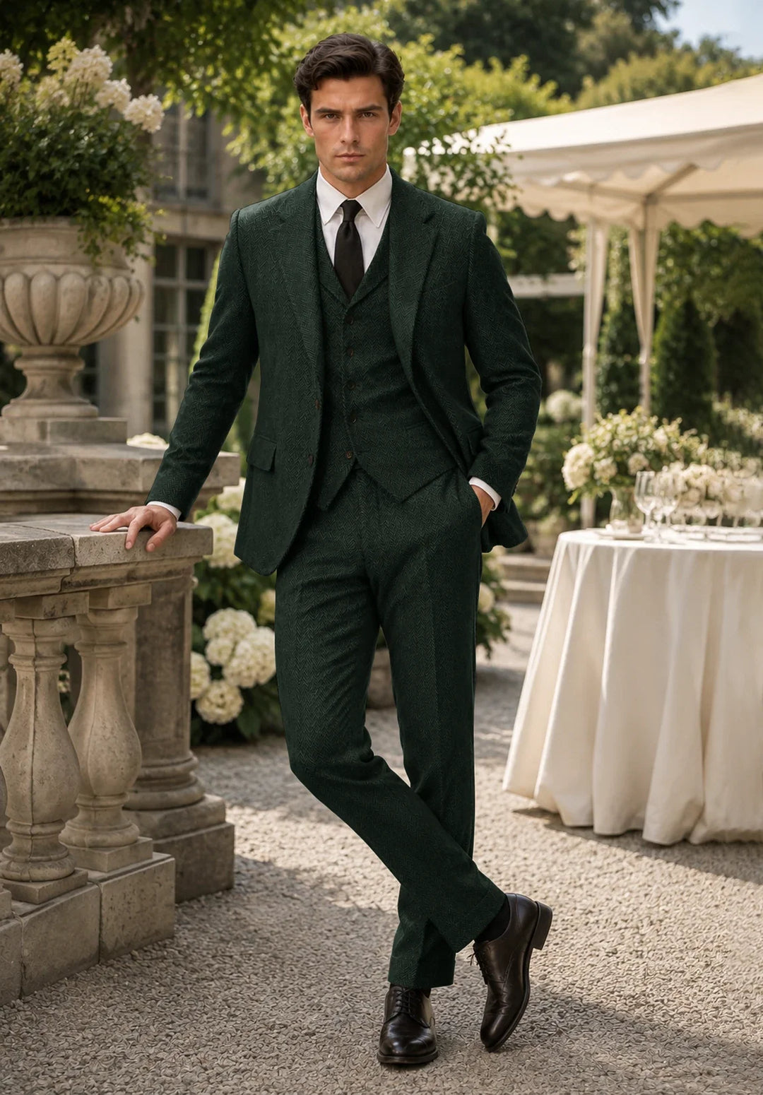 Costume Trois Pièces Homme Coupe Slim en Chevrons avec Col Notch et Gilet Assorti