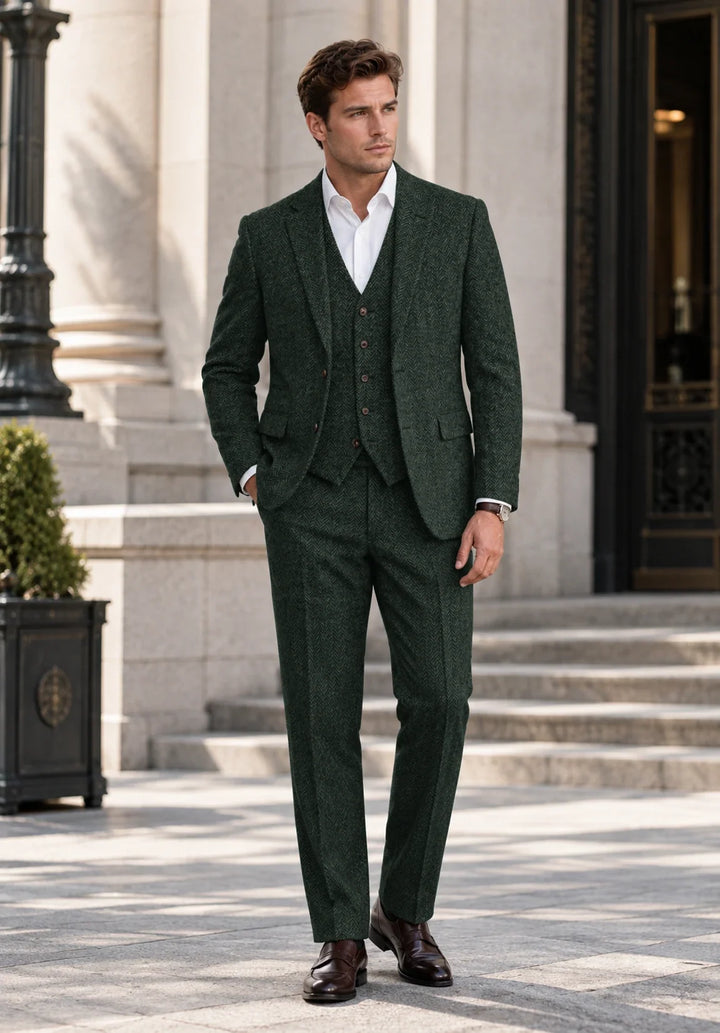 Completo uomo tre pezzi slim fit a spina di pesce con gilet abbottonato