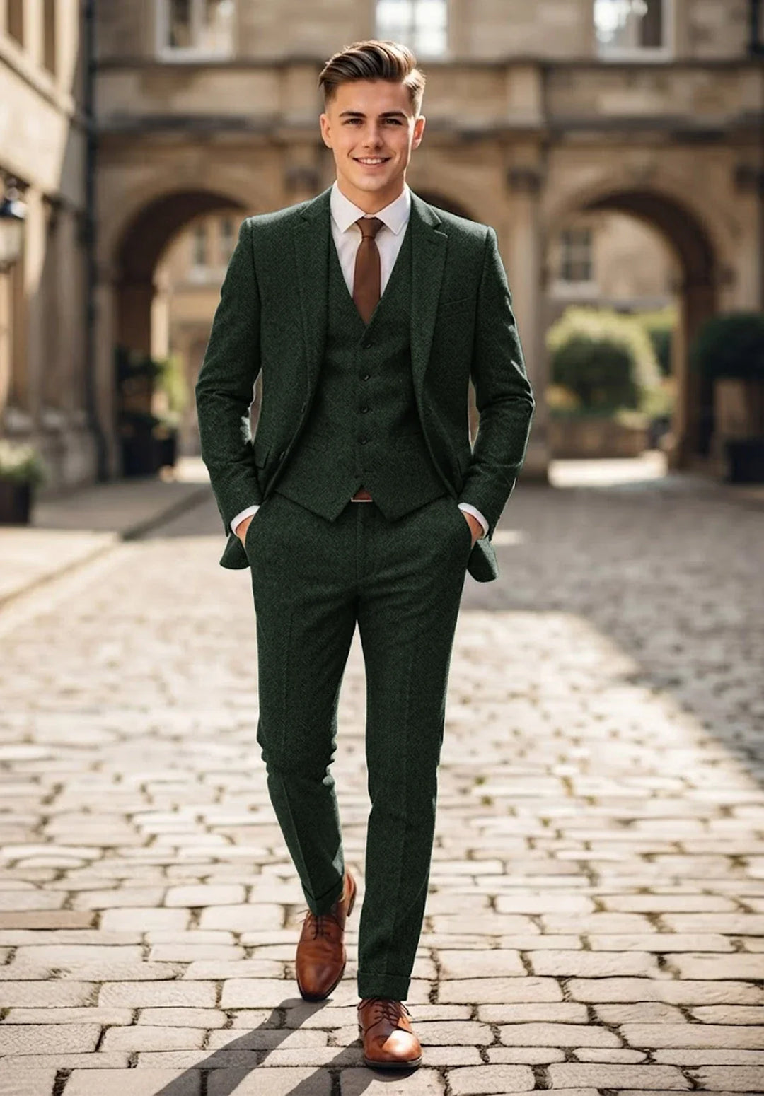 Costume Trois Pièces Homme Coupe Classique en Chevrons avec Col Notch et Gilet Cinq Boutons