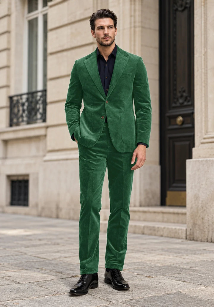 Abito da uomo a due pezzi slim fit in velluto a coste con revers a lancia e taschino sul petto